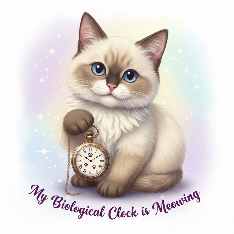 A pastel illustration of a ragdoll kitten holding a pocket watch, with the words My Biological Clock is Meowing